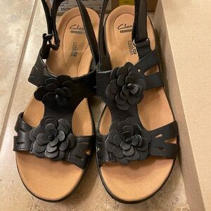 Clarks Black Floral Leather Sandals